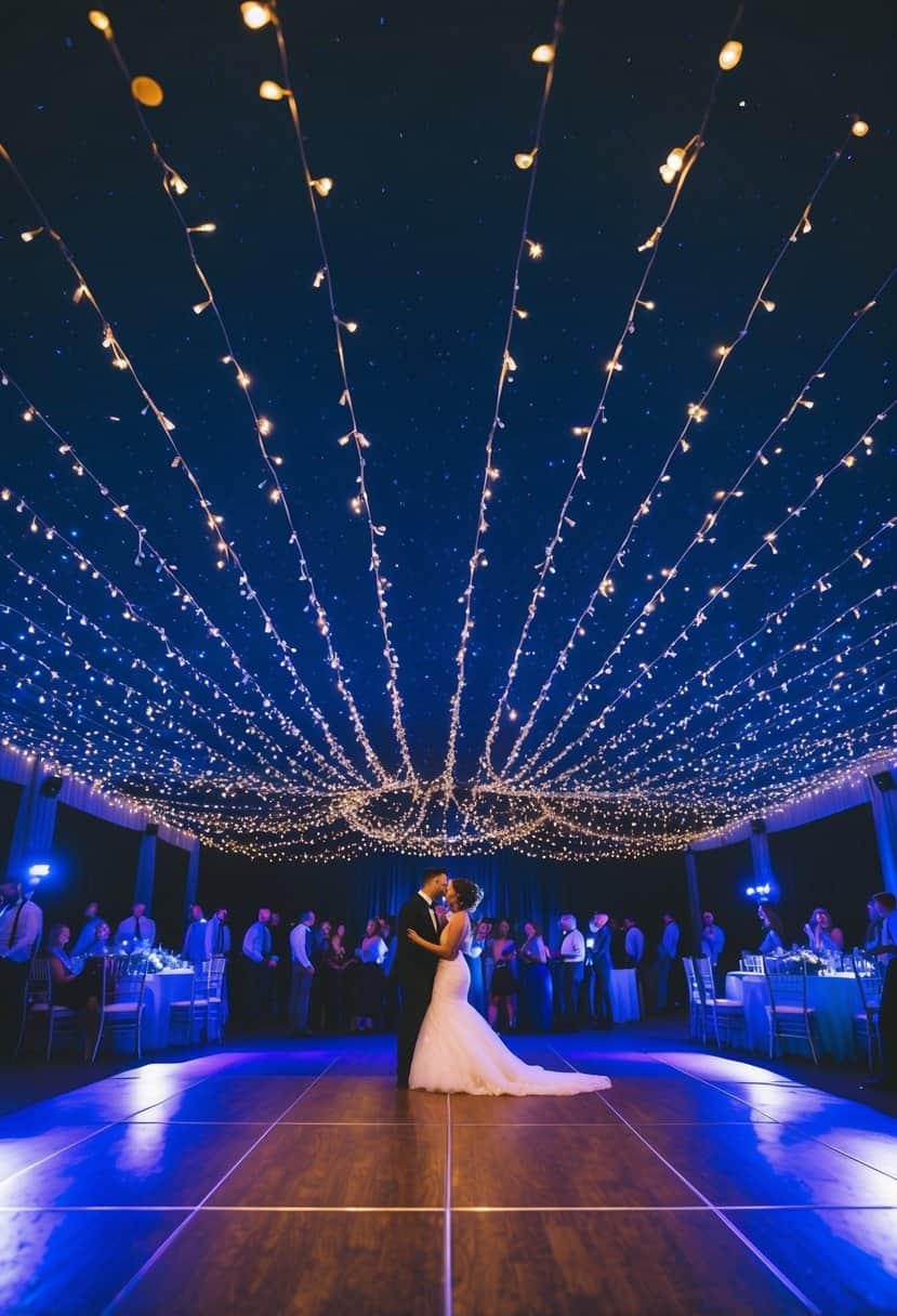A starry night sky illuminates a dance floor in shades of deep blue, setting the scene for a magical wedding celebration