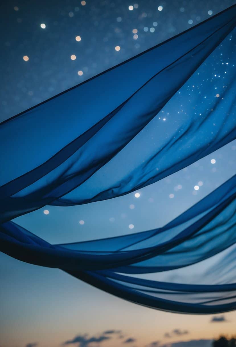 A billowing sheer blue drapery against a night sky, with hints of stars peeking through the fabric