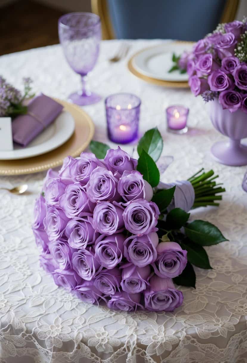 A bouquet of fresh lilac roses sits atop a delicate lace tablecloth, surrounded by lavender-hued wedding decor and stationery