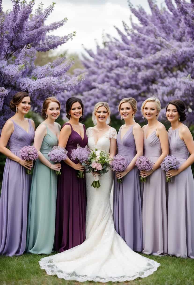 A group of bridesmaid dresses in varying shades of lavender, set against a backdrop of blooming lilac flowers