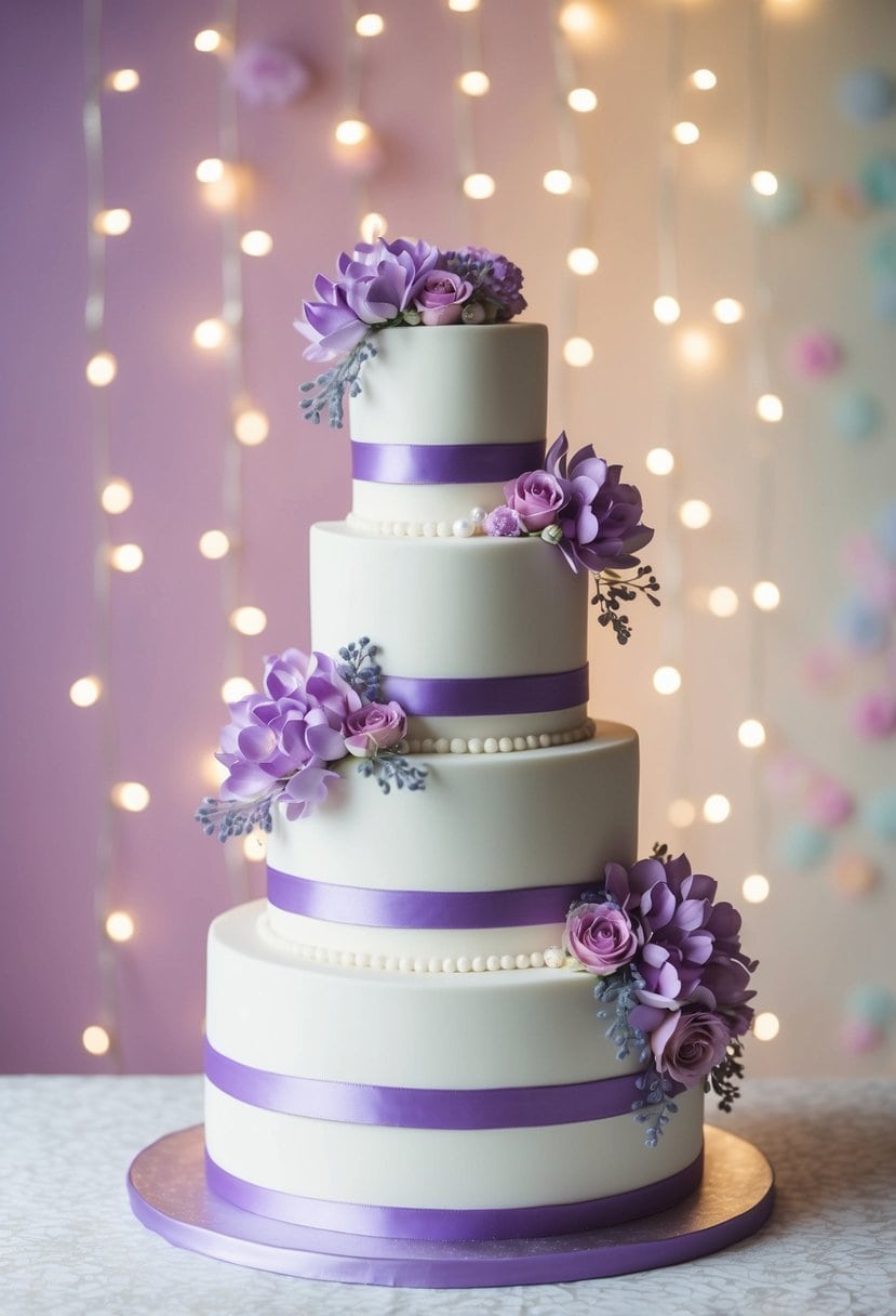 A three-tiered wedding cake adorned with lilac flowers and ribbons, set against a dreamy backdrop of pastel hues and twinkling lights