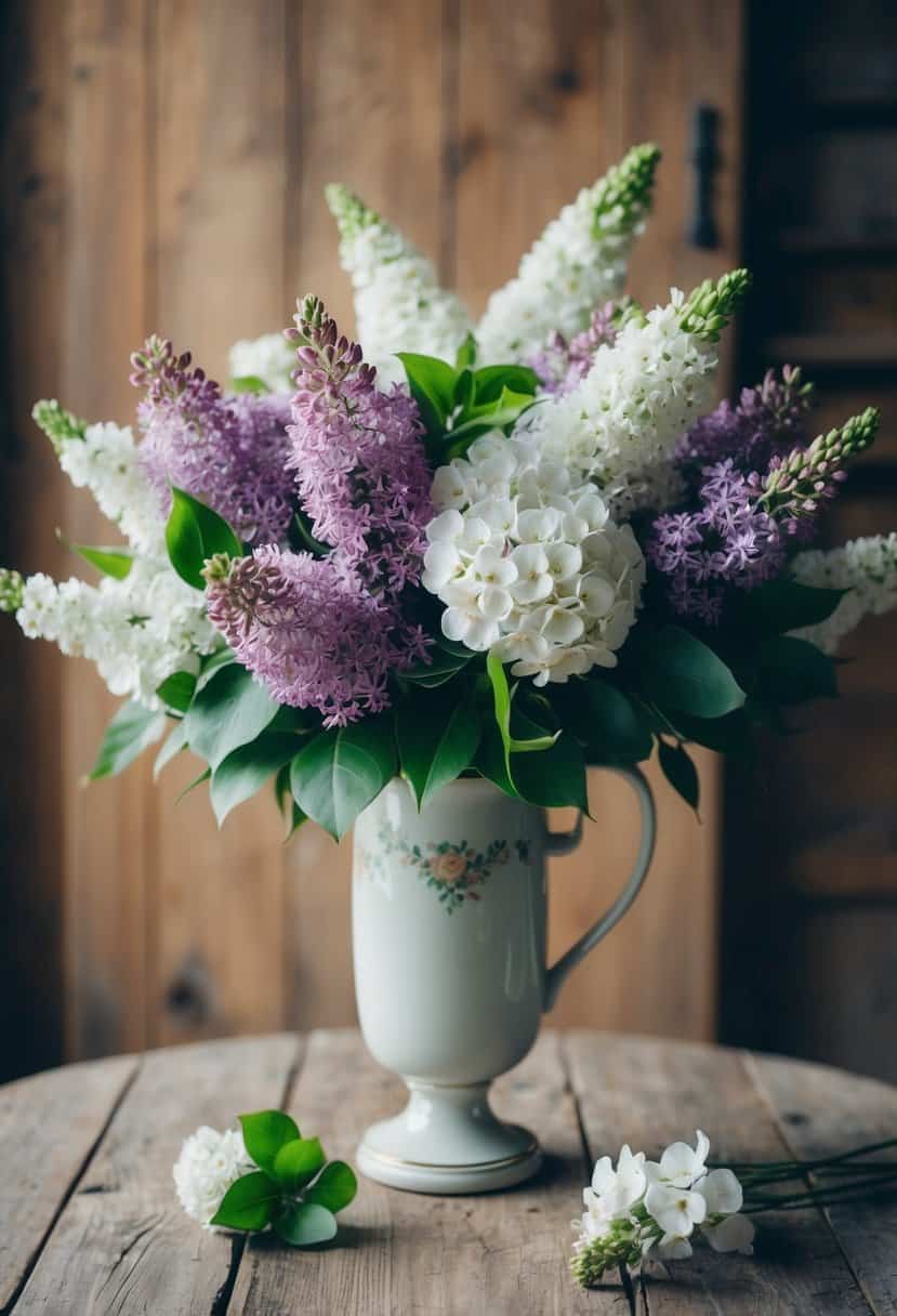 A luscious bouquet of lilac and white flowers arranged in a delicate vase, sitting on a rustic wooden table
