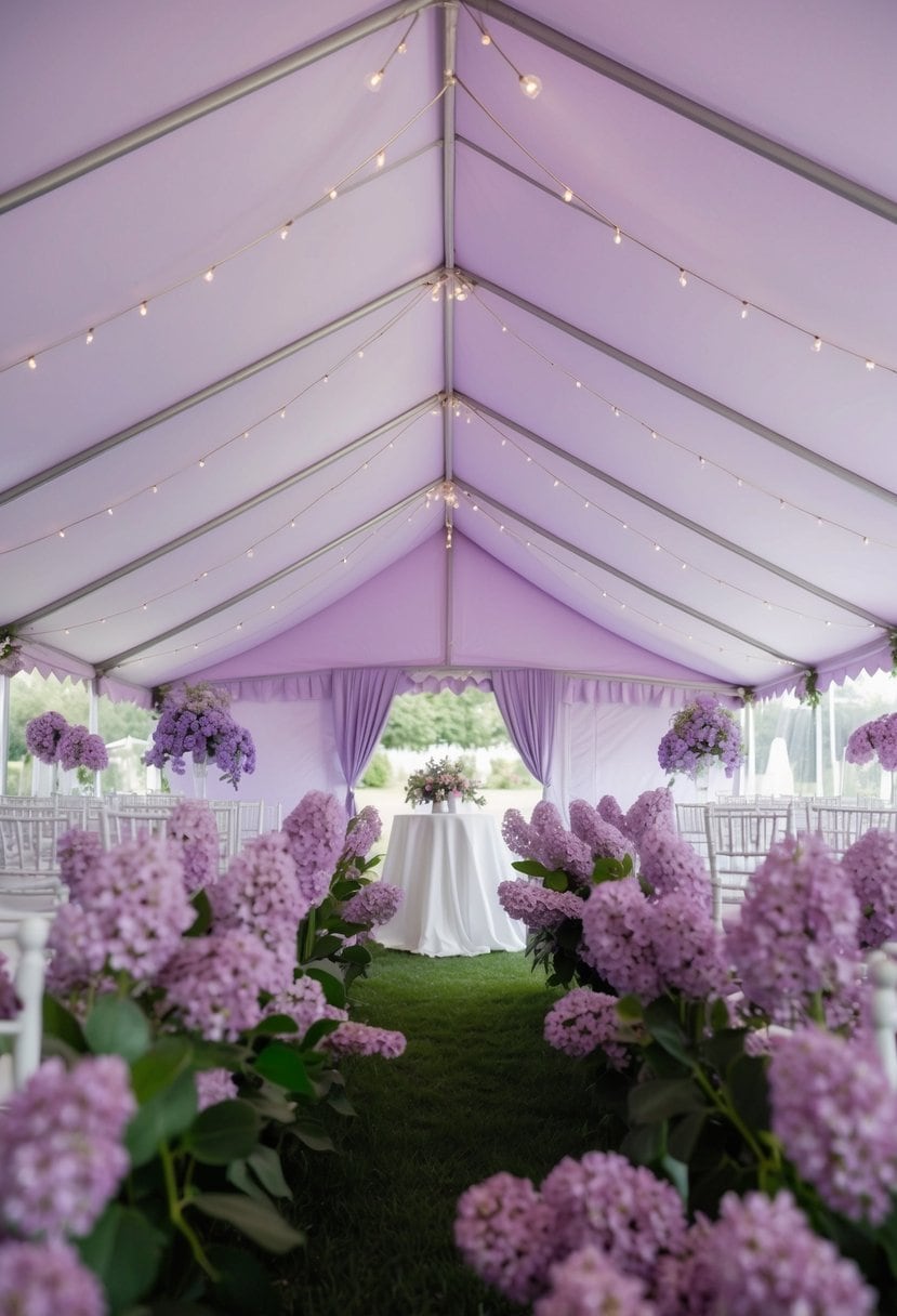 Soft lavender tent with gentle lighting, surrounded by lilac flowers and décor. A serene and romantic setting for a wedding