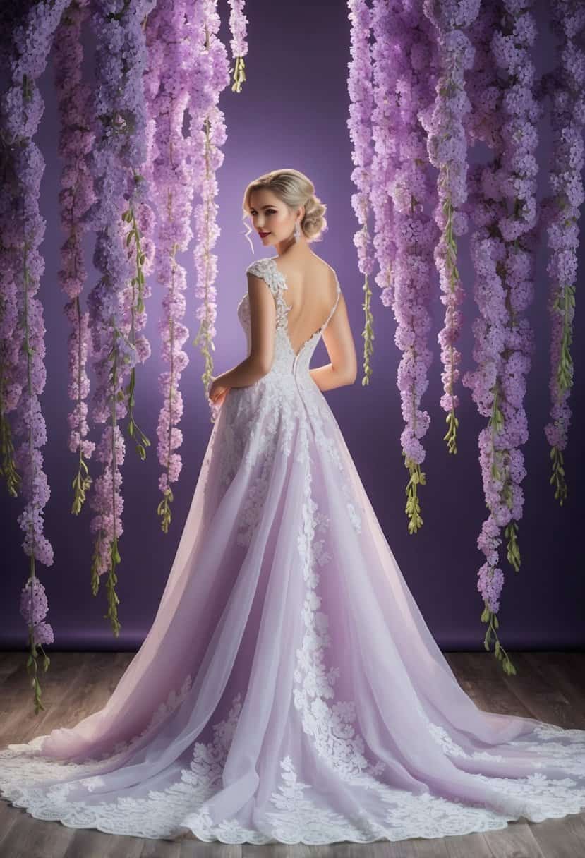 A flowing lilac lace wedding gown surrounded by cascading lilac flowers and soft, romantic lighting