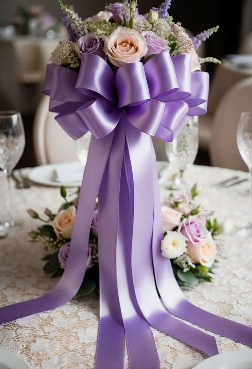 A bouquet of lilac satin ribbons cascading from a table centerpiece, surrounded by soft pastel flowers and delicate lace
