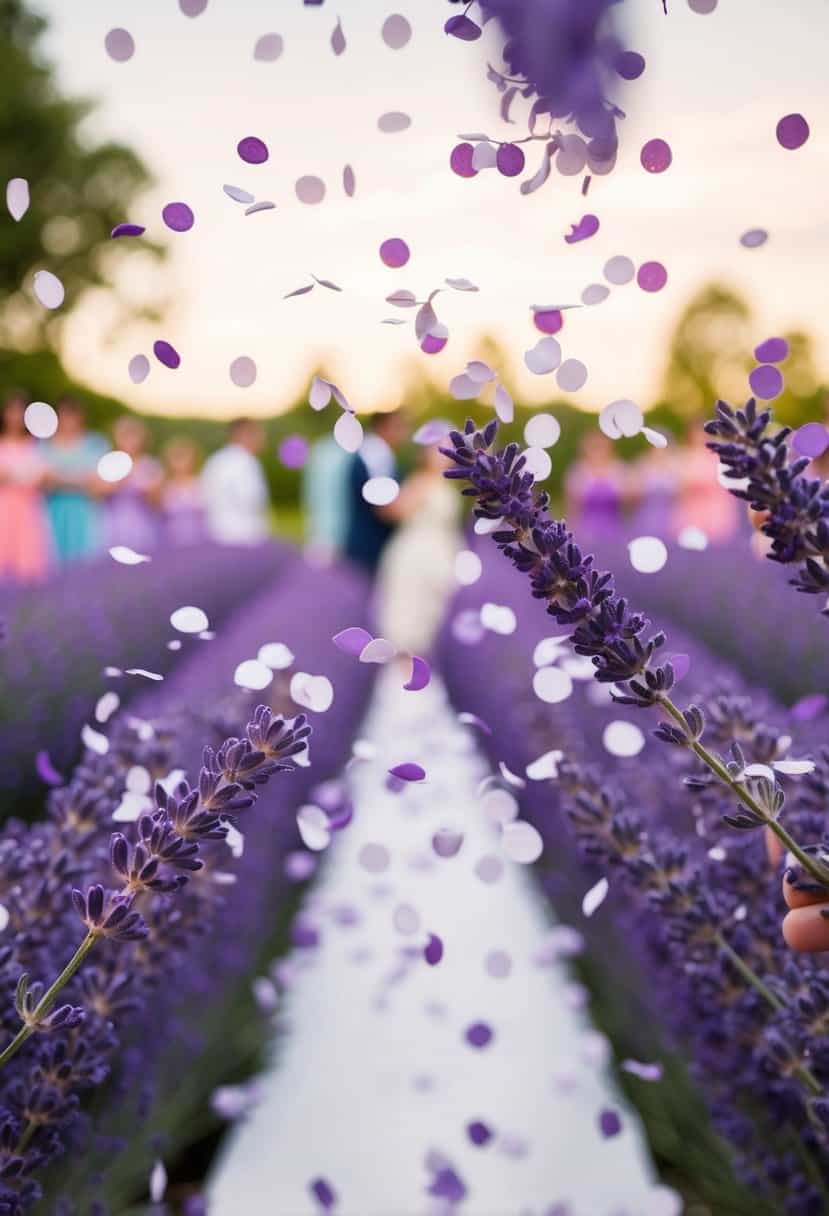 Lavender flowers and confetti falling in a whimsical wedding setting