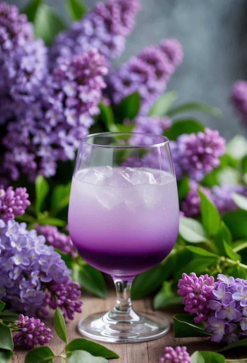 A glass of ombre lilac cocktail surrounded by lilac flowers and greenery