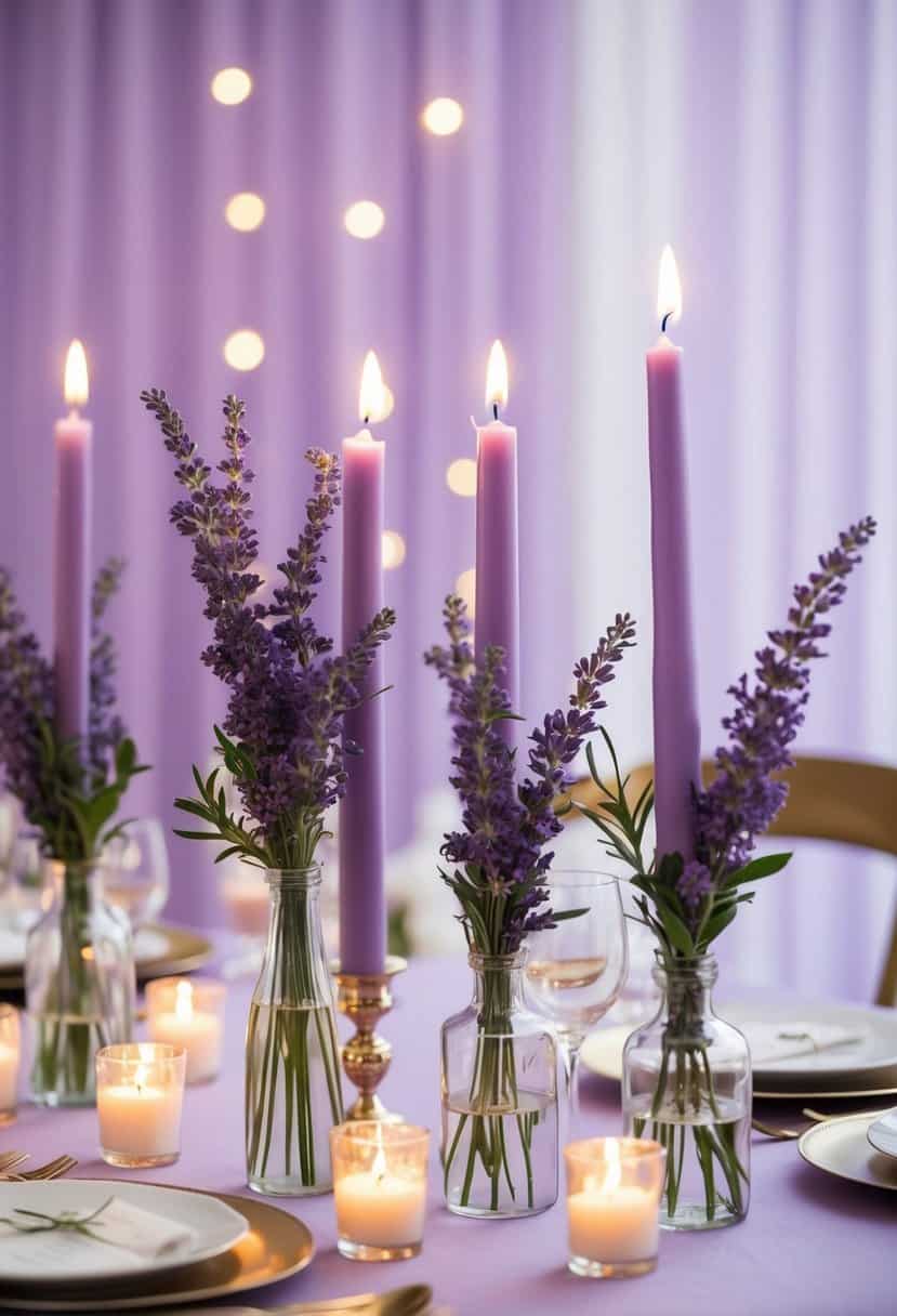 A table adorned with lavender scented candles in a soft lilac wedding color scheme