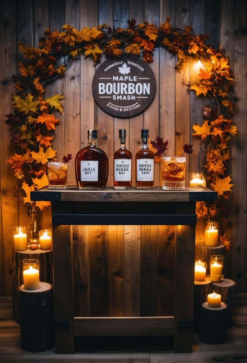 A rustic wooden bar with a display of maple bourbon smash cocktails surrounded by autumn foliage and warm candlelight
