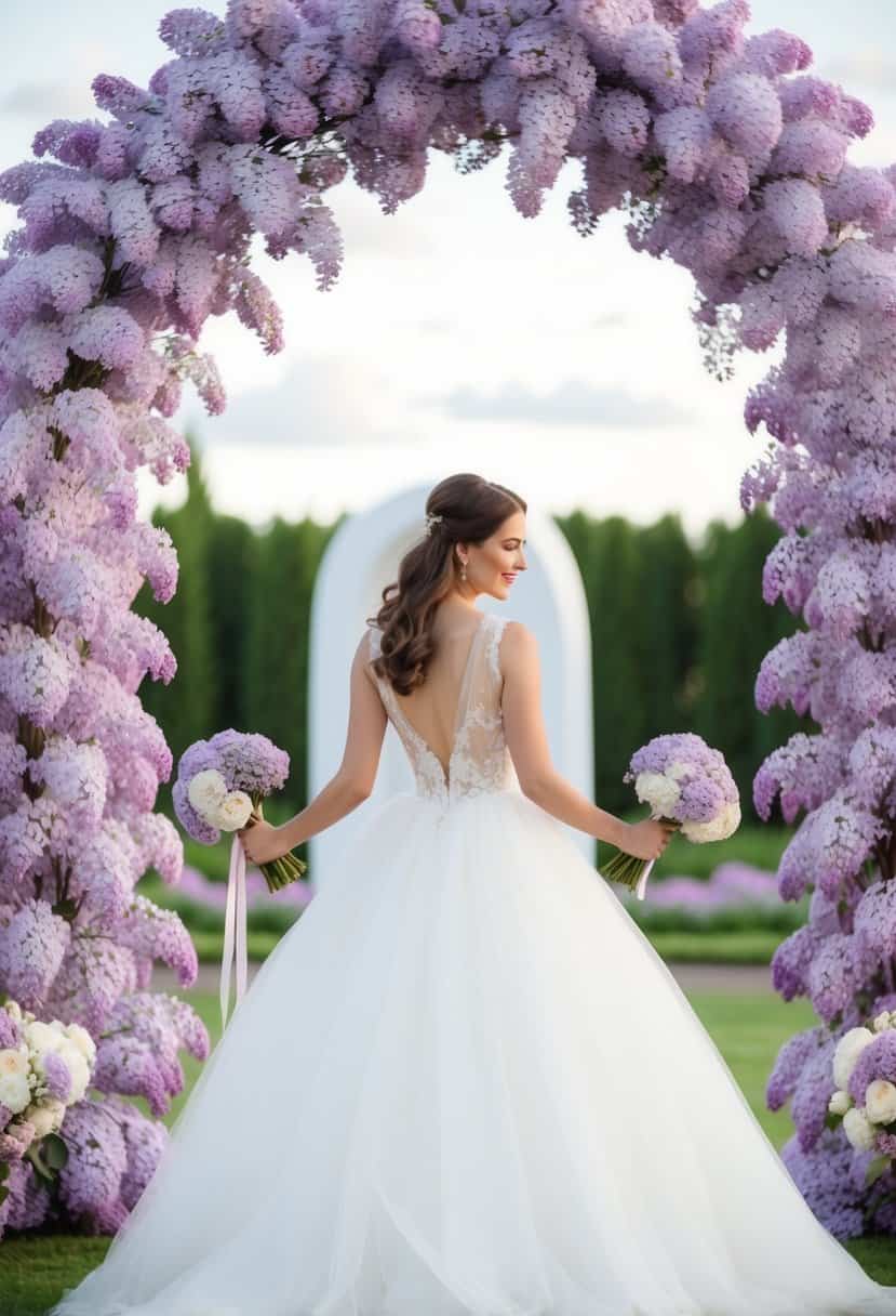 An arch of lilac flowers in a wedding setting, with soft, pastel colors and romantic atmosphere