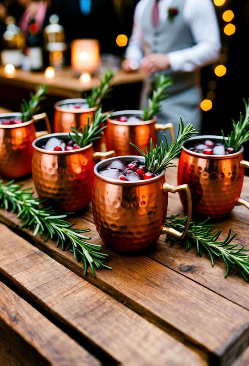 A rustic wooden bar with copper mugs filled with vibrant red pomegranate Moscow Mules, adorned with sprigs of fresh rosemary and served at a fall wedding reception