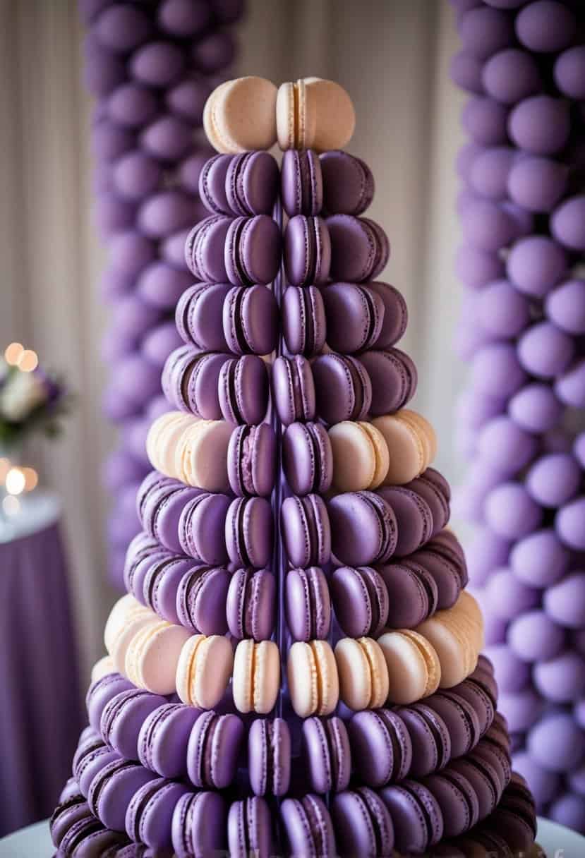 A tall tower of purple macarons, arranged in a gradient from dark to light, set against a backdrop of soft lilac wedding decor