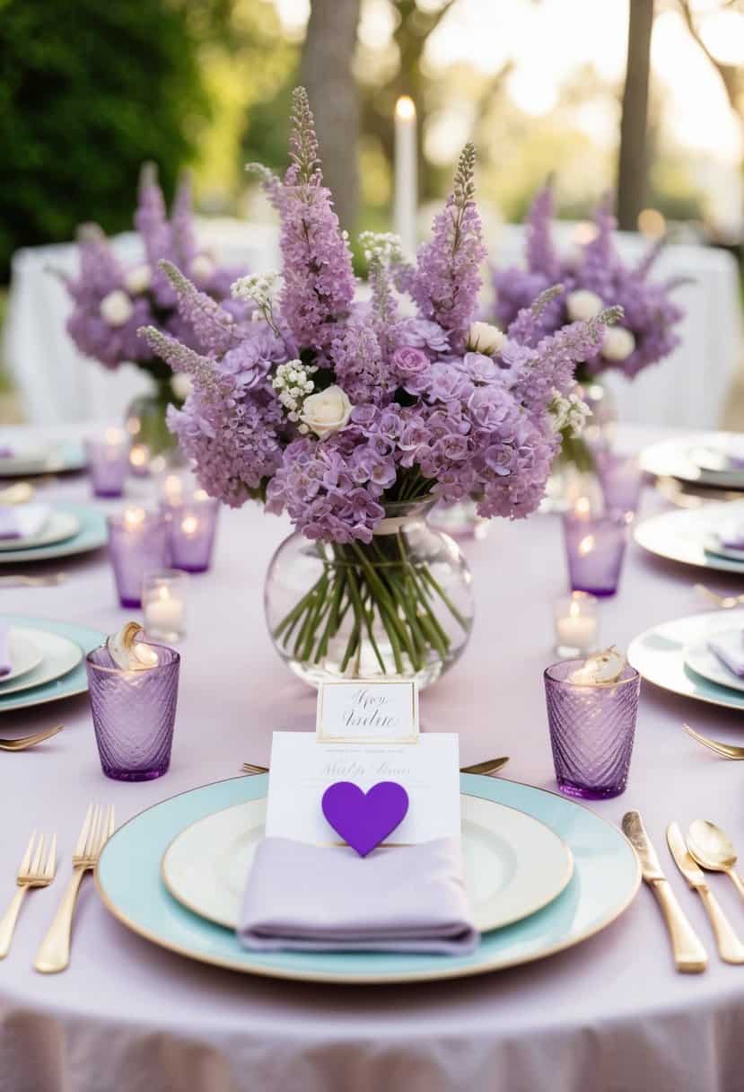 A table set with lilac wedding favours and decor in a soft, romantic color scheme