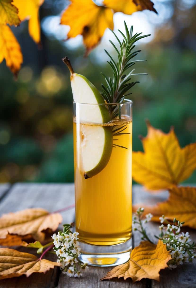 A tall glass filled with a golden liquid, garnished with a slice of spiced pear and a sprig of fresh rosemary, surrounded by autumn leaves and small white flowers