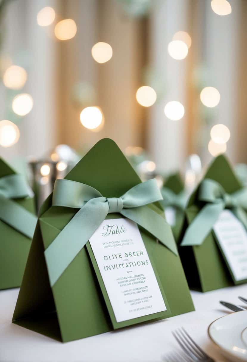A table adorned with olive green invitations tied with sage ribbons