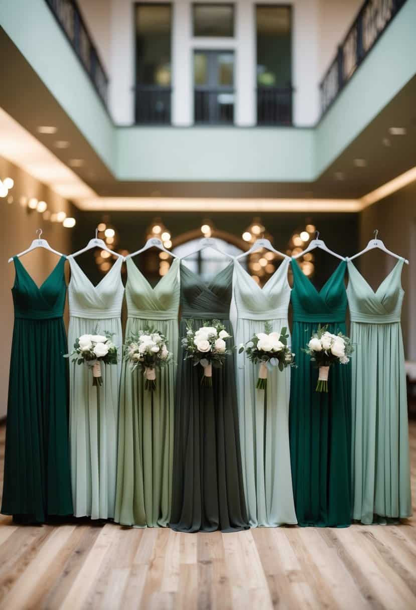 A group of bridesmaid dresses in shades of olive and sage, arranged in a stylish and elegant display