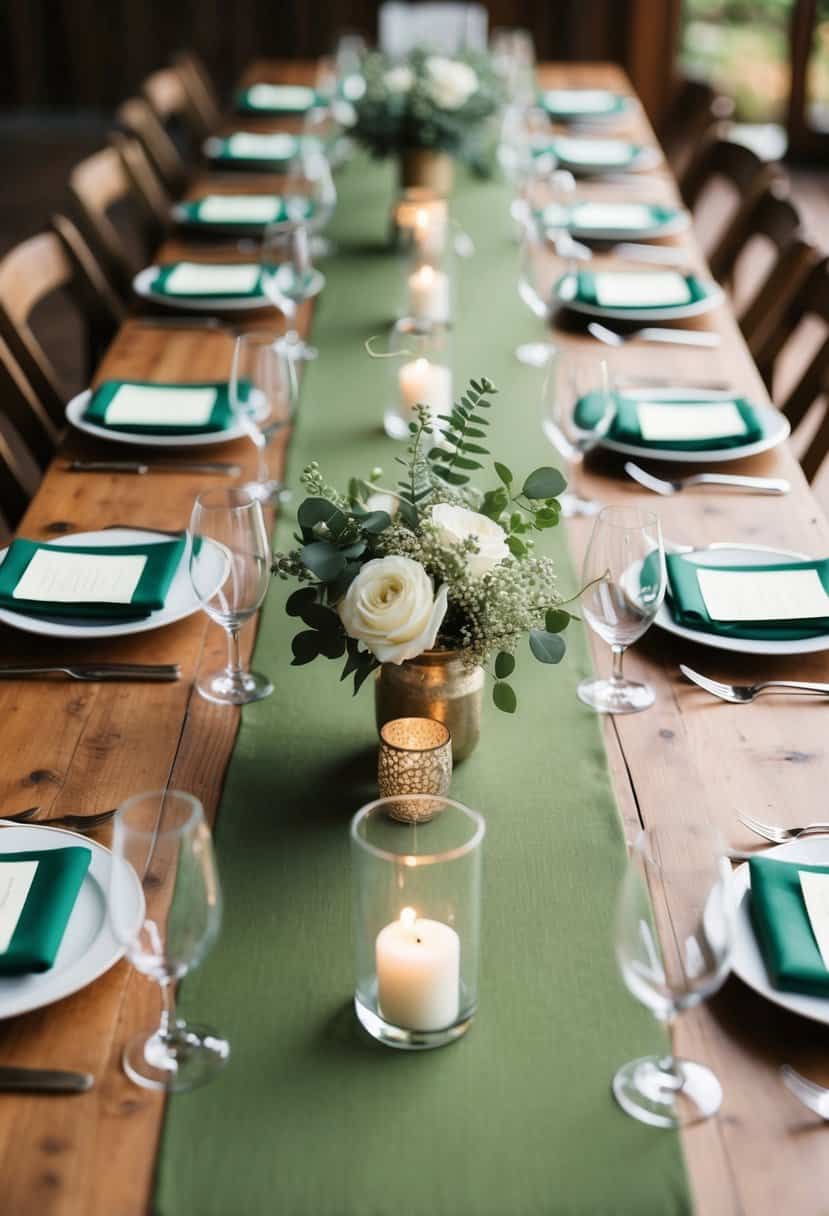 A rustic wedding table adorned with olive green table runners and sage green accents