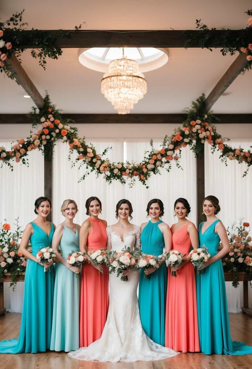 A group of bridesmaid dresses in shades of turquoise and coral arranged in a wedding setting with floral decorations and elegant details