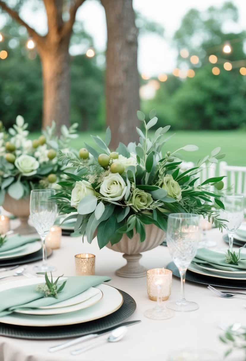 A table adorned with sage and olive floral centerpieces, creating a serene and elegant atmosphere for a wedding celebration