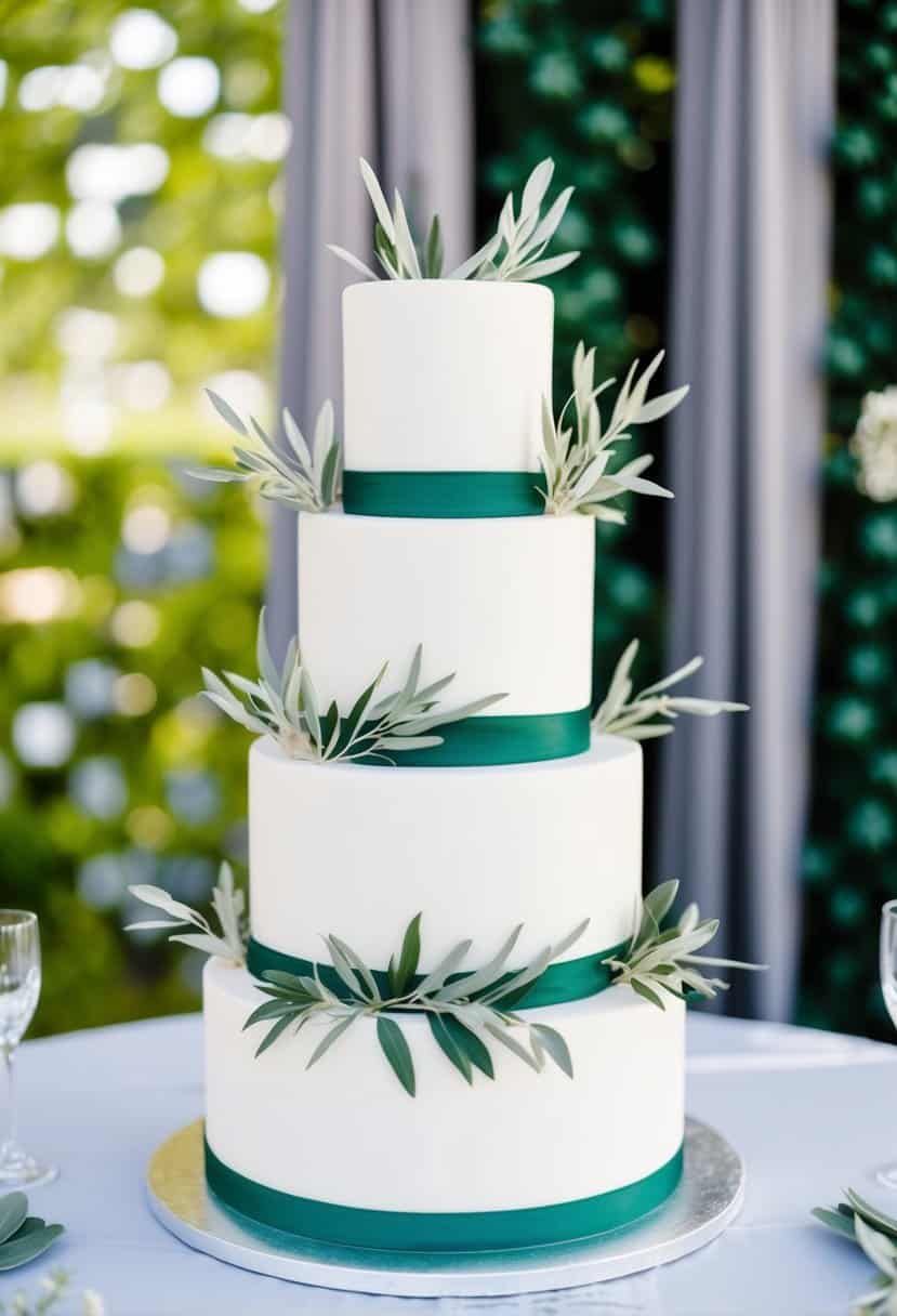A three-tiered wedding cake adorned with olive branches and sage leaves, set against a backdrop of coordinating green and grey decor