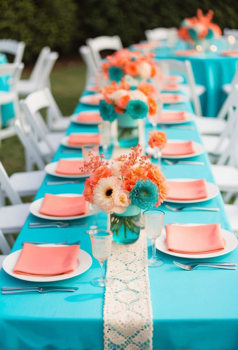 A table set with turquoise and coral centerpieces, featuring flowers and decorative elements in the wedding color scheme