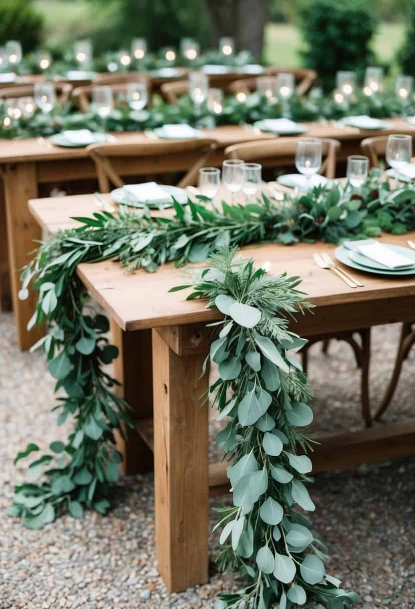 Sage greenery garlands draped over rustic wooden tables at an olive and sage themed wedding