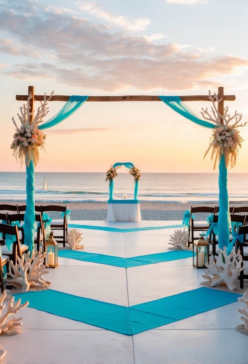 A beachfront wedding venue with turquoise accents and coral decorations, overlooking the ocean at sunset