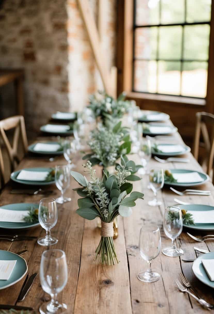 A rustic wedding table with olive and sage boutonnieres and decor
