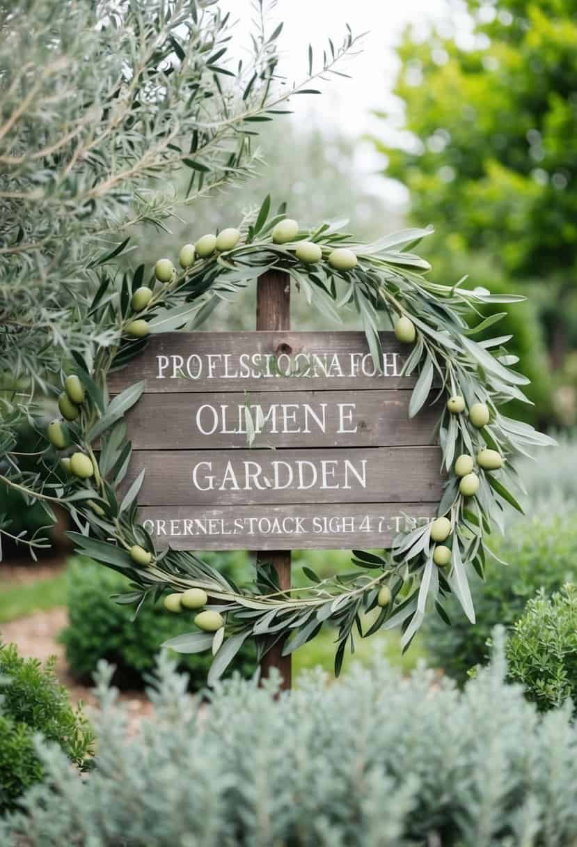A serene garden with olive and sage foliage intertwined around a rustic wooden sign
