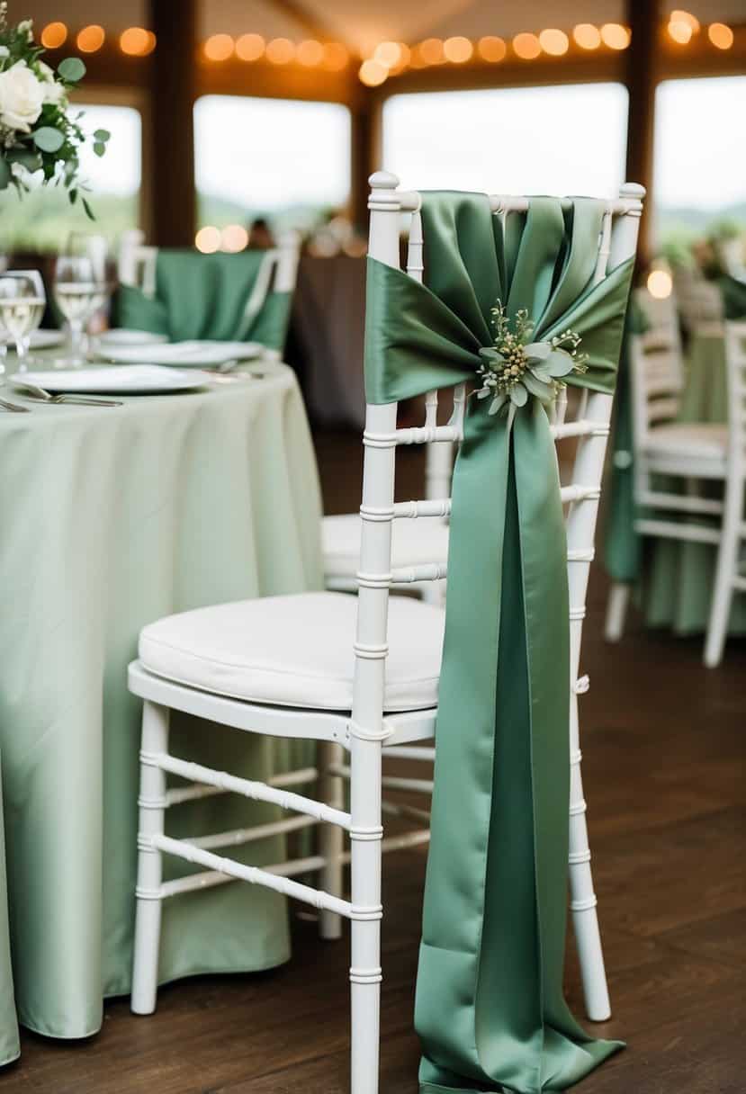 Chairs draped with olive and sage sashes at a wedding reception