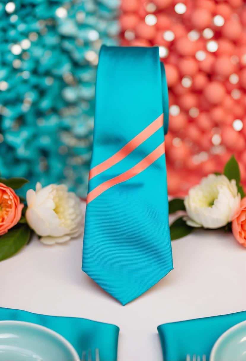 A turquoise tie with coral accents against a backdrop of turquoise and coral wedding decor