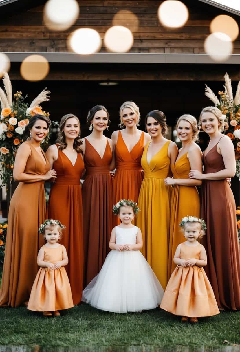 A group of bridesmaid dresses in burnt sienna, rust orange, and yellow, arranged in a wedding setting with floral decorations