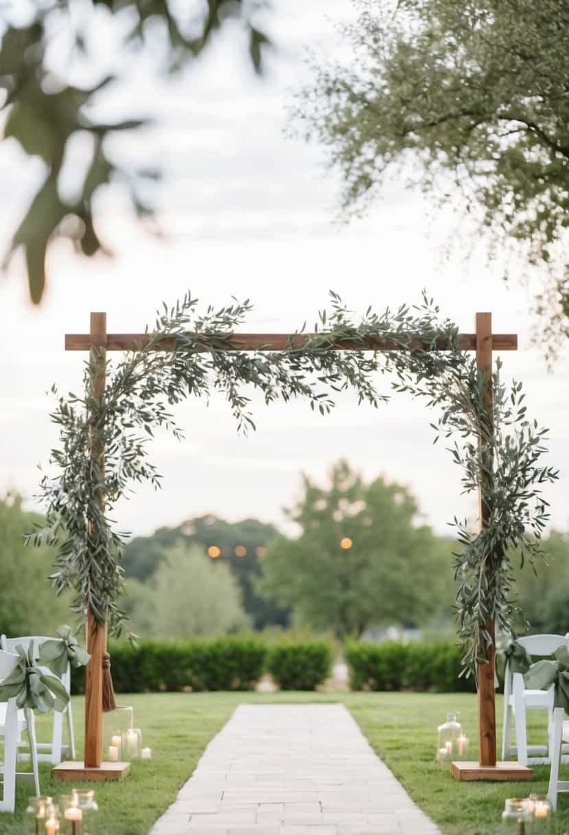 A serene outdoor wedding arch adorned with olive branches and sage green accents