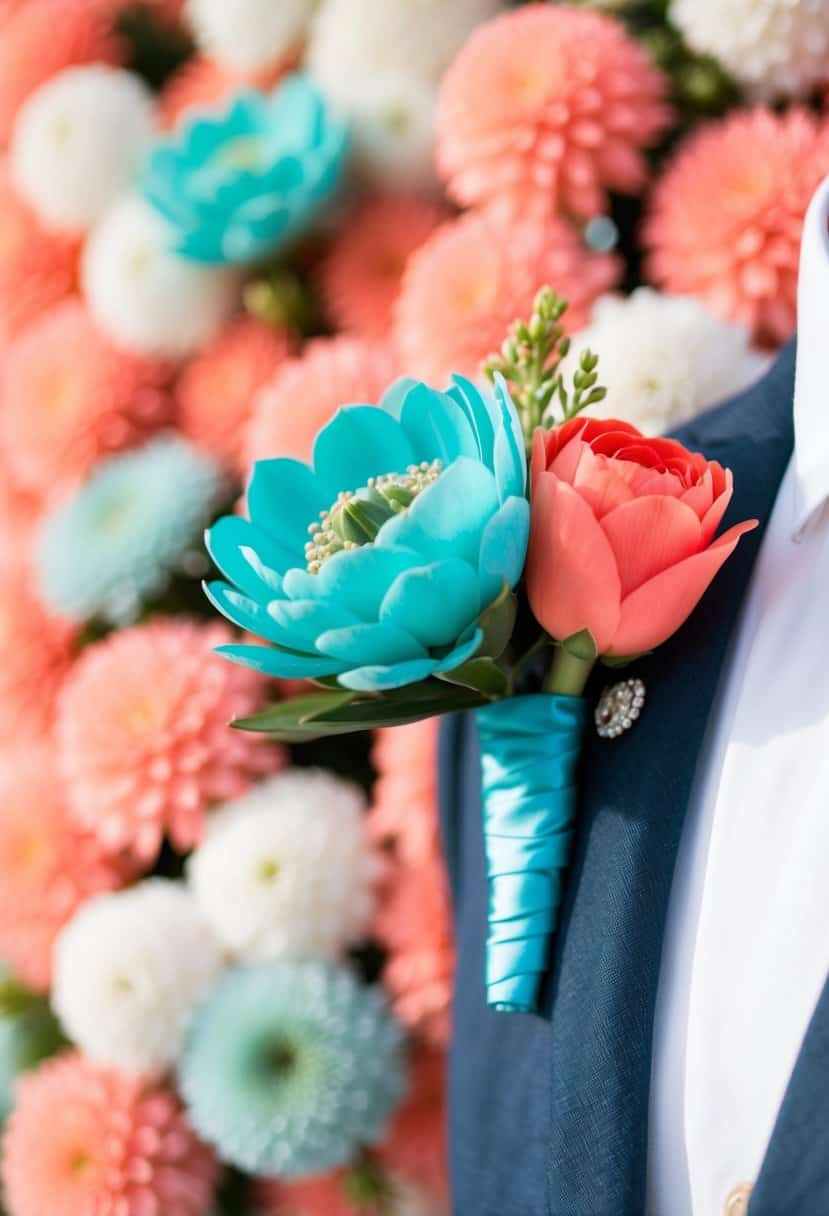 A turquoise and coral boutonnière pinned to a lapel against a backdrop of coral-colored floral arrangements