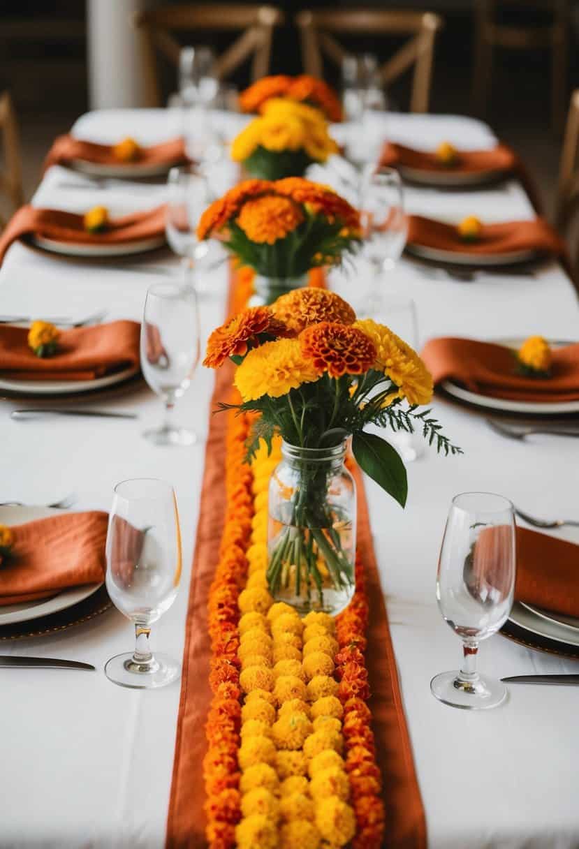 Rust orange and yellow marigold table runners on a wedding reception table