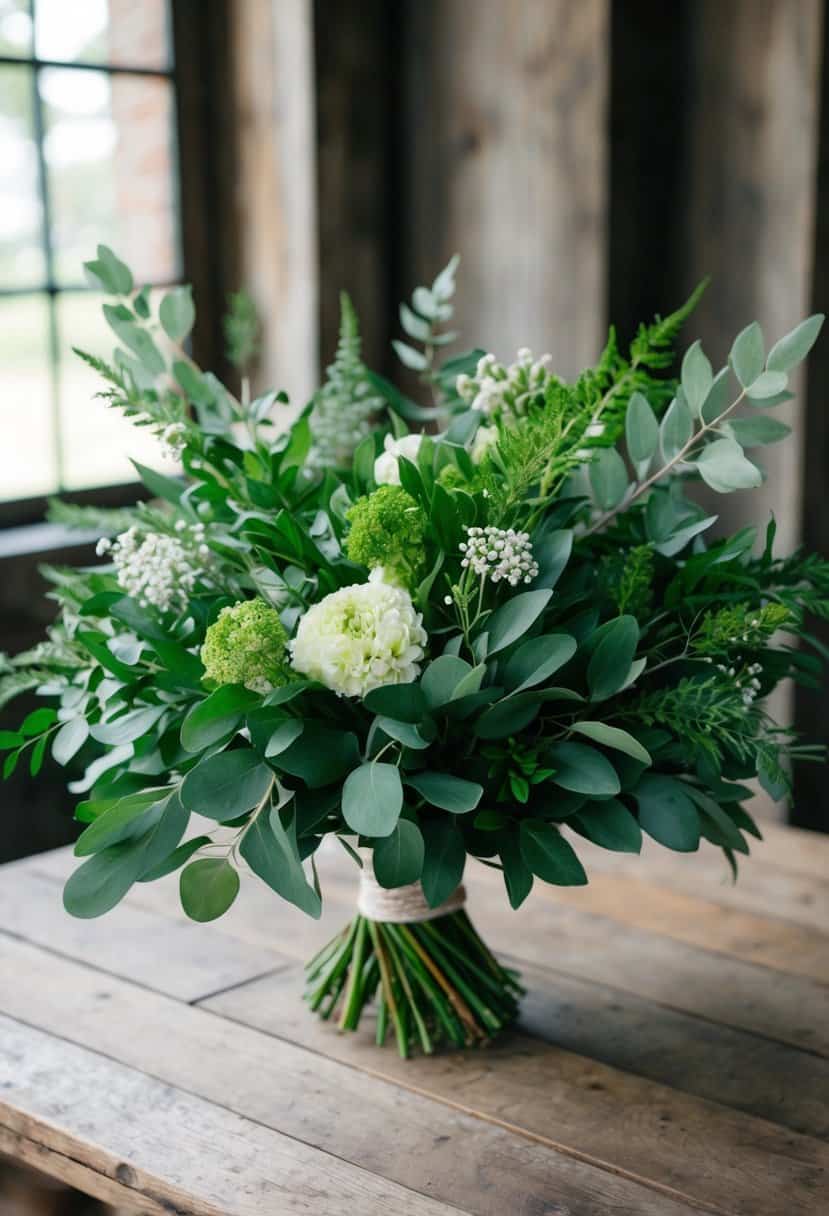 A lush bouquet of sage green and olive foliage, accented with delicate white flowers, sits on a rustic wooden table