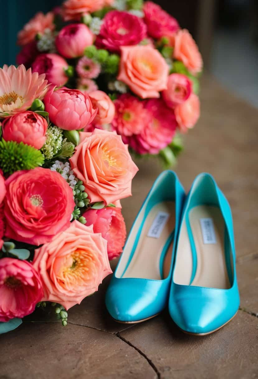 Turquoise bridesmaid shoes next to coral floral arrangements