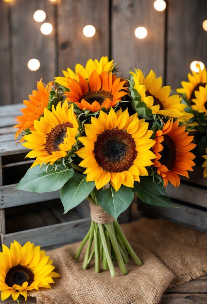 A rustic sunflower bouquet in shades of rust orange and yellow, set against a backdrop of vintage wooden crates and burlap fabric