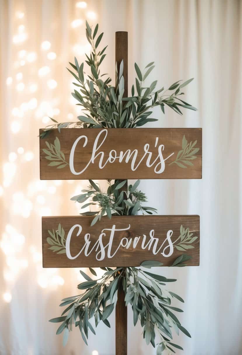 A rustic wooden sign adorned with olive branches and sage green accents, set against a backdrop of soft, natural lighting