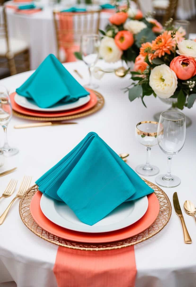 Turquoise and coral napkins arranged on a wedding reception table with matching floral centerpieces and elegant place settings