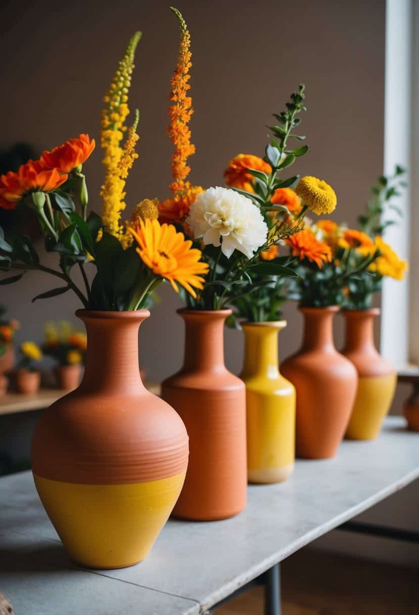 Rust orange and yellow terracotta vases arranged on a table with flowers