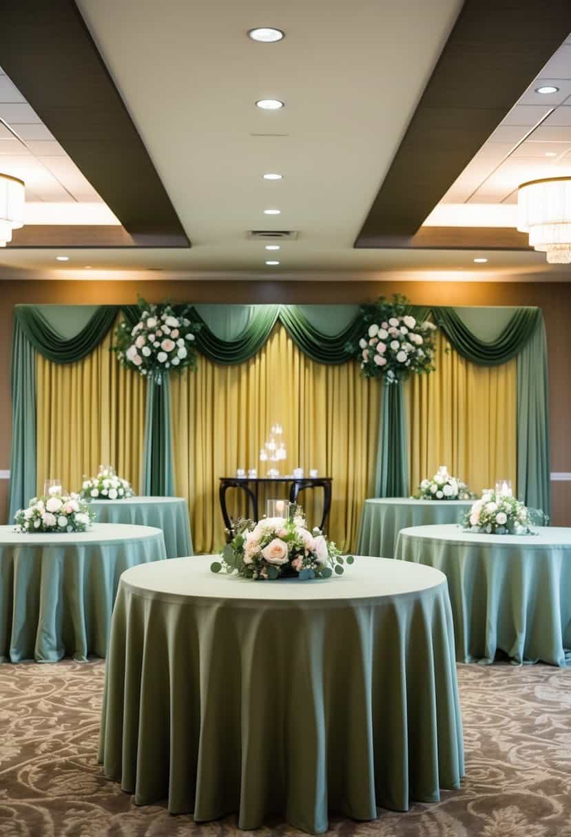 A reception hall with olive and sage drapes, adorned with floral arrangements in matching colors