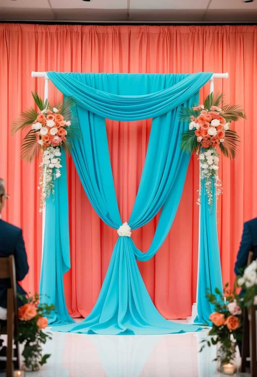 A vibrant coral and turquoise ceremony backdrop with flowing drapes and floral accents