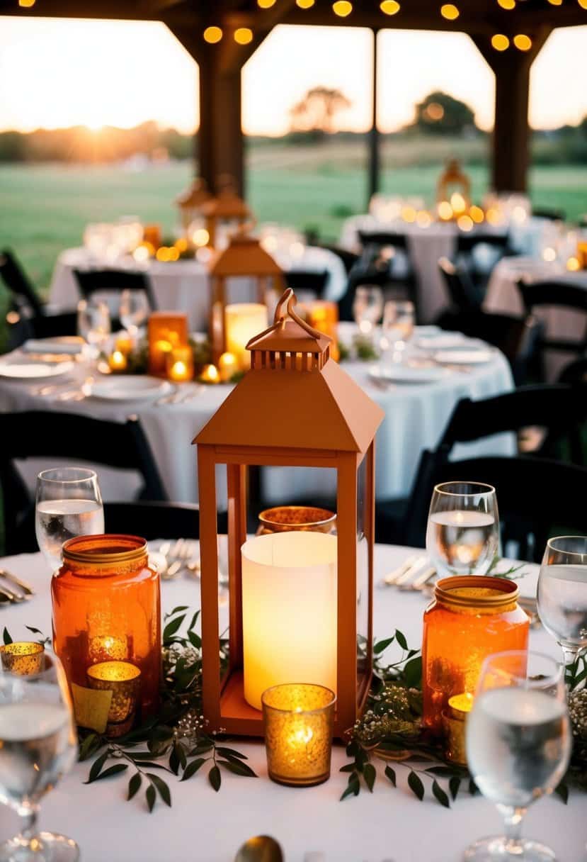Rust orange and yellow gold lantern centerpieces illuminate a wedding reception, casting warm, inviting light across the tables