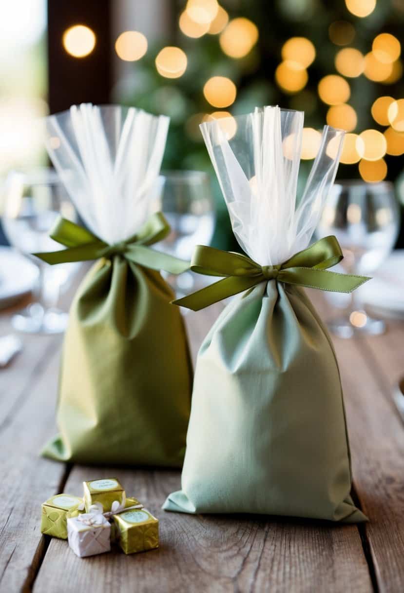 Two favor bags in olive and sage colors, filled with wedding favors and tied with matching ribbons