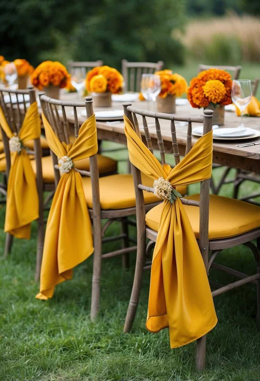 Goldenrod chair sashes draped over rustic wooden chairs, complemented by rust orange and yellow floral arrangements