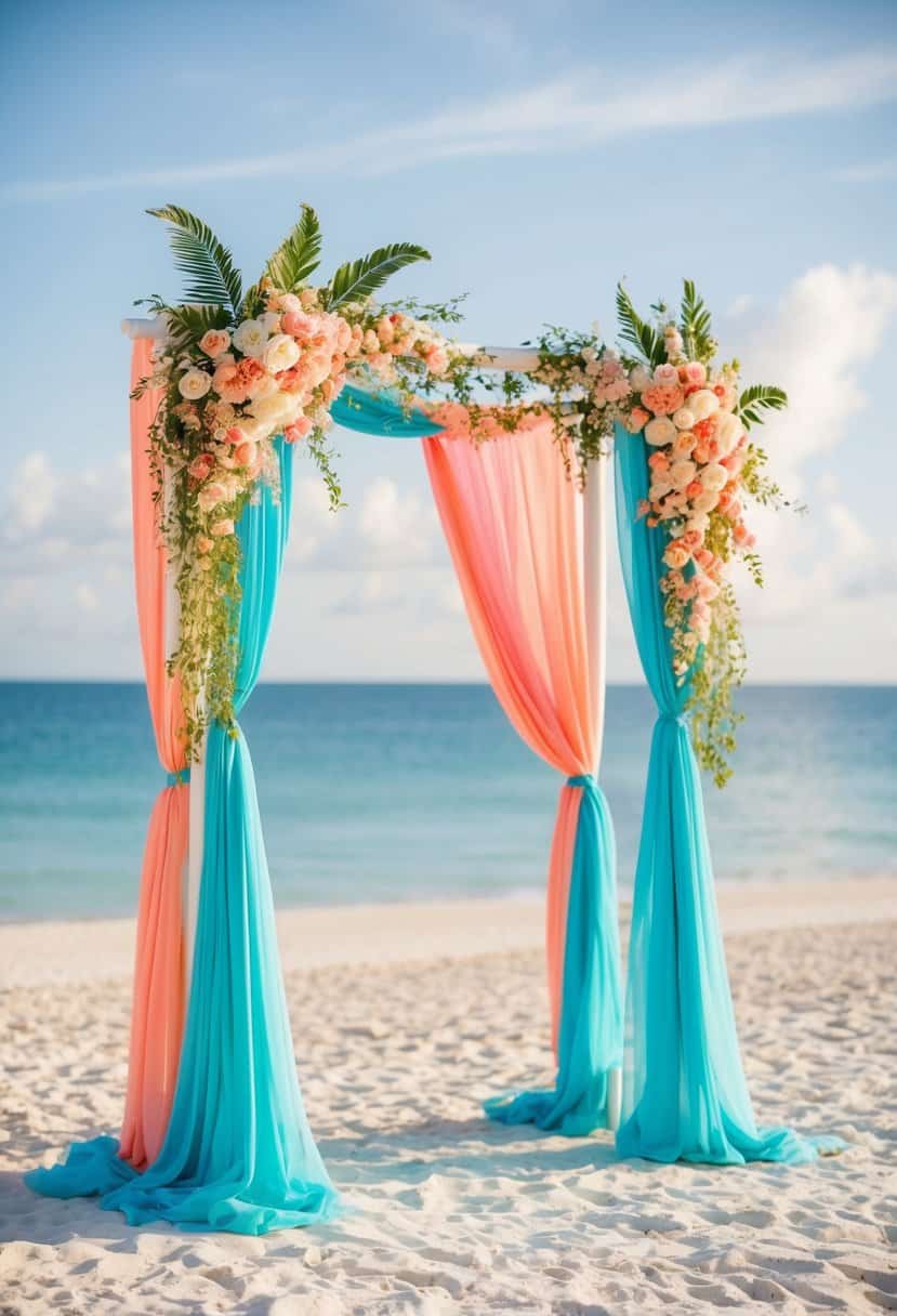 A turquoise and coral wedding arch adorned with flowers and draped fabric, set against a beautiful beach backdrop