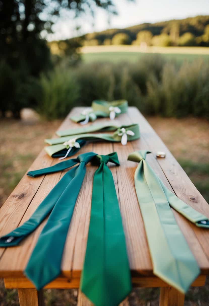 A rustic wedding scene featuring sage green and olive color palette, with groomsmen's ties displayed on a wooden table