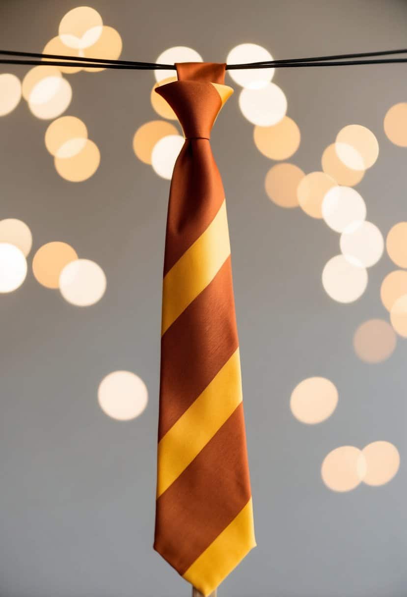 A rust orange apricot and yellow tie hanging against a neutral background