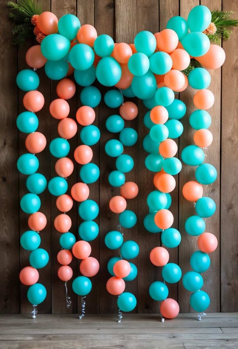 A festive balloon garland in shades of turquoise and coral cascades down a rustic wooden backdrop, creating a vibrant and cheerful atmosphere for a wedding celebration